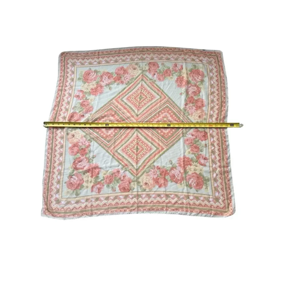 Vintage 70s Pure Silk Chiffon Scarf 35” Pink Rose Floral Cottagecore Fairy